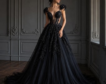 Vestido de novia vintage de encaje negro, vestido de novia gótico de tul, vestido formal de graduación de Halloween