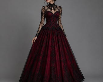 Abito da sposa gotico da vampiro, abito da ballo con corsetto bordeaux, abito da sposa dark romance, abito da sposa vittoriano in pizzo couture