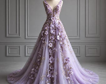 Robe de mariée à fleurs lavande, robe de mariée en tulle à fleurs 3D, robe corset de jardin en V profond