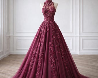 Floral Burgundy Halter Neck Wedding Dress, Plus Size Modest Tulle Wedding gown, Prom and Festival outfit