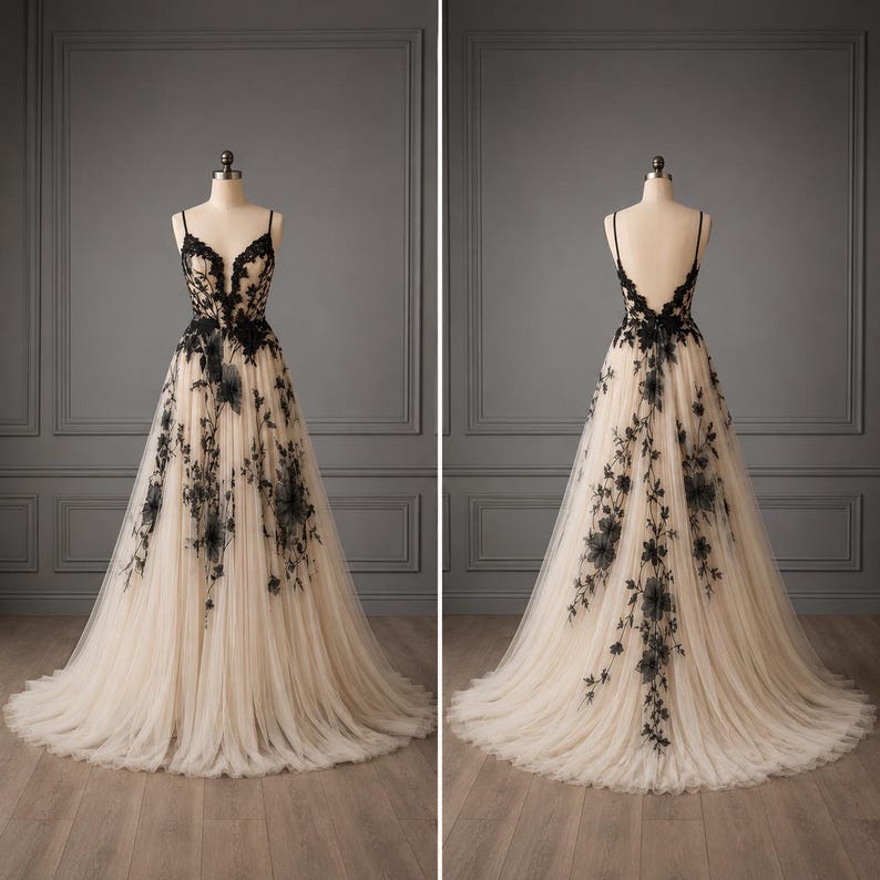 Black Floral Tulle Ball Gown Wedding Dress, Gothic Embroidered A Line ...