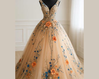 peach floral applique Tulle wedding dress, Cathedral Train & Elegant Veil Timeless Luxury Bridal Gown