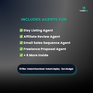 Op de afbeelding: Een turquoise afbeelding met witte tekst met de tekst "INCLUDES AGENTS FOR" gevolgd door een lijst met agenten, waaronder "Etsy Listing Agent" en "Freelance Proposal Agent". De afbeelding vermeldt ook "10 bestanden &bull; Direct downloaden &bull; Direct implementeren &bull; Zero Budget."