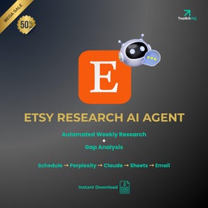 Puede incluir: Un anuncio de un agente de IA de investigación de Etsy. La imagen presenta un gran cuadrado naranja con una "E" blanca en el interior, un robot y el texto "ETSY RESEARCH AI AGENT". También incluye "Automated Weekly Research + Gap Analysis". Una pancarta dorada dice "MEGA SALE 50%".