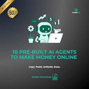 Może przedstawiać: Ilustracja przedstawiająca turkusowego robota używającego laptopa, z ikonami finansowymi i tekstem "10 GOTOWYCH AGENTÓW AI, ABY ZARABIAĆ PIENIĄDZE ONLINE". Obraz zawiera baner "MEGA WYPRZEDAŻ" z odznaką 50% zniżki i "Natychmiastowe pobieranie".