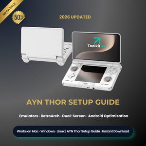 May include: White handheld gaming console with a dual-screen design. The screen displays the "ToolkitHQ" logo. The image includes the text "AYN THOR SETUP GUIDE" and mentions emulators, RetroArch, and Android optimization.
