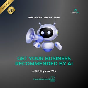 May include: A digital illustration features a white and blue robot holding a megaphone. Text reads "Real Results. Zero Ad Spend" and "Get Your Business Recommended by AI." The image also includes "AI SEO Playbook 2026" and a "50% Off" sale badge.
