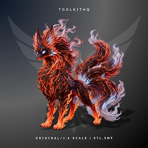 May include: A digital illustration of a multi-tailed fox creature with fur resembling flickering orange and red flames, glowing blue eyes, and white highlights. Text reads TOOLKITHQ and ORIGINAL/1:6 SCALE | STL, 3MF.