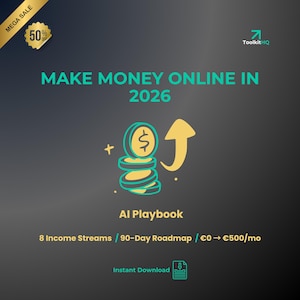 Verdien online geld in 2026: het AI Playbook | 8 inkomstenstromen | Routekaart van 90 dagen | Stap voor stap | Digitale download