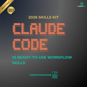 Puede incluir: Un gráfico digital para el kit de habilidades 2026 Claude Code con 10 habilidades de flujo de trabajo listas para usar. El diseño incluye una insignia dorada de mega oferta del 50%, el logotipo de ToolkitHQ y un icono de descarga inmediata.