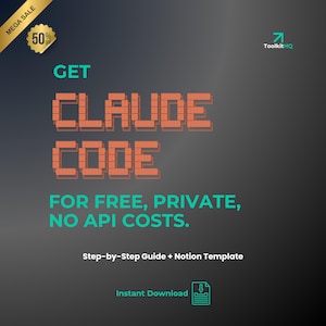 以下が含まれることがあります： 濃い灰色の背景のプロモーション用グラフィック。「GET CLAUDE CODE」の文字はオレンジ色のピクセル化された文字で表示されています。その下には、ターコイズ色で「FOR FREE, PRIVATE, NO API COSTS」と書かれています。左上には「MEGA SALE」と「50% OFF」と書かれた金のバナーがあります。