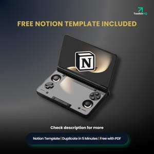 May include: A black and gray handheld device with a screen displaying the Notion logo. The device has buttons and a directional pad. Text at the top reads "FREE NOTION TEMPLATE INCLUDED". Below, text says "Check description for more".