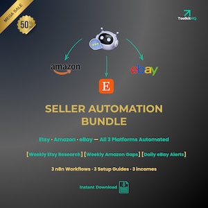 May include: A promotional graphic with a dark background features the text "SELLER AUTOMATION BUNDLE" and the Etsy, Amazon, and eBay logos. The image also includes the text "MEGA SALE 50% OFF" and "Instant Download."