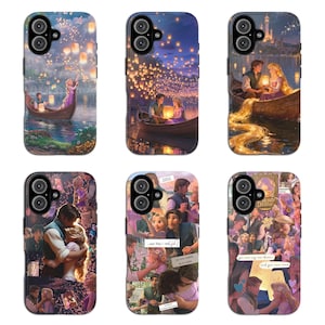 May include: Set of six phone cases featuring scenes from a fairytale. The cases showcase couples in boats, floating lanterns, and castle backdrops. The color palette includes blues, purples, and yellows, creating a whimsical and romantic aesthetic.