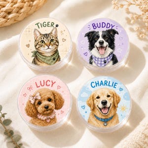 May include: Four round clear containers featuring custom pet portraits. Top left: a tabby cat named TIGER with a green bandana. Top right: a black and white dog named BUDDY with a purple bandana. Bottom left: a brown poodle named LUCY. Bottom right: a golden retriever named CHARLIE.