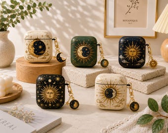 Celestial Sun Moon AirPods Case,  AirPods Gen 1 2 3 4 Pro Cover, Vintage Sun Face Mystical Astrology Bohemian Cover Gift, No Keychain
