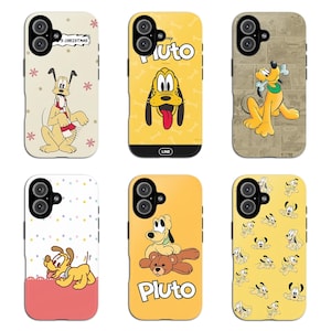 May include: Six smartphone cases featuring Pluto the dog in various designs. One shows Pluto with a scarf and snowflakes, another has a large Pluto face with the text Pluto, one features a comic strip background, one has a polka dot pattern, one shows Pluto with a teddy bear, and one has a repeating Pluto pattern.