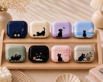 Black Cat AirPods Case, Cute Cat AirPods Cover, Funny Animal Earbuds Case for AirPods Pro Gen 1 2 & AirPods 1 2 3 4, Cat Lover Gift