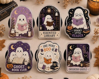 Spooky Bookish Ghost Shaker Phone Grip, Kawaii Spooky Magnetic Phone Stand Gift for her, Holiday Gift Halloween Idea