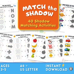 Printable Shadow Matching Worksheets, Preschool Game, Alphabet Numbers Shapes Activities