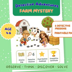 Cuaderno de actividades "Misterio en la granja: detective", actividades para desarrollar habilidades visuales y resolución de problemas, PDF imprimible para preescolares