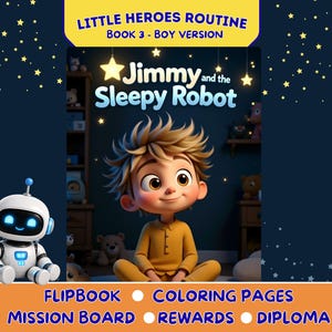 Kit per la routine della nanna dei bambini: storia della buonanotte, tabella dei premi e guida per i genitori.