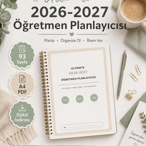 Könnte beinhalten: Ein spiralgebundener 2026-2027 Lehrerplaner mit cremefarbenem Einband und salbeigrünen Akzenten. Der Einband zeigt den Text Ultimate 2026-2027 Öğretmen Planlayıcısı. Enthält Symbole für 93 Seiten, A4 PDF-Format und digitale Download-Optionen.