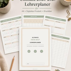 May include: A digital A4 teacher planner for 2026-2027 featuring a cover page and interior sheets with calendars, monthly planning, and grade tracking. The design uses a neutral color palette of sage green and beige with clean typography.