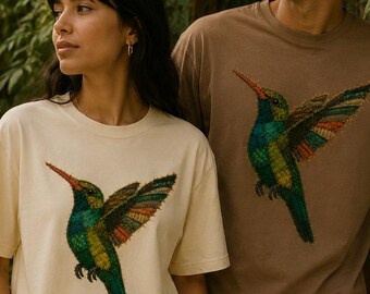 Faux Patchwork Hummingbird T-Shirt, Premium Streetwear Tee, Nature Inspired Artisan Urban Fashion, Fauna Urbana