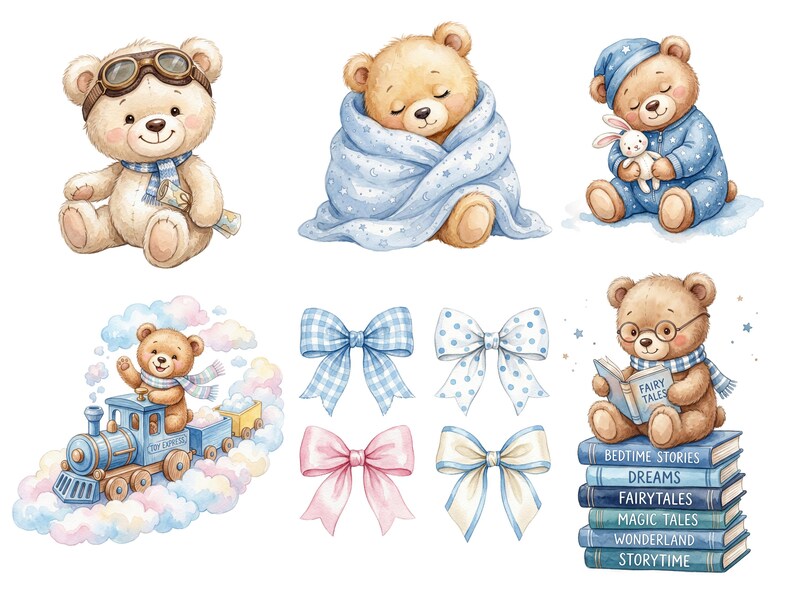 Teddy Bear Clipart Bundle | Watercolor Baby Boy Blue Teddy Bears ...
