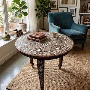 Handmade Inlaid Round Coffee Table – Dark Wood Floral Mandala Moroccan Accent Table