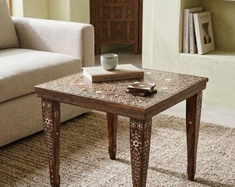 Exquisite Handcrafted Inlaid Side Table – Floral Mandala Design
