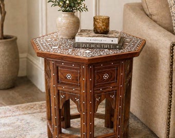 Handcrafted Octagonal Wooden Side Table with Artistic Inlay work