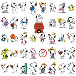 May include: A collection of Snoopy illustrations featuring the white beagle in various outfits and activities, including wearing hats, holding items like books, flowers, and sports gear, and interacting with Woodstock, all centered around a red doghouse.