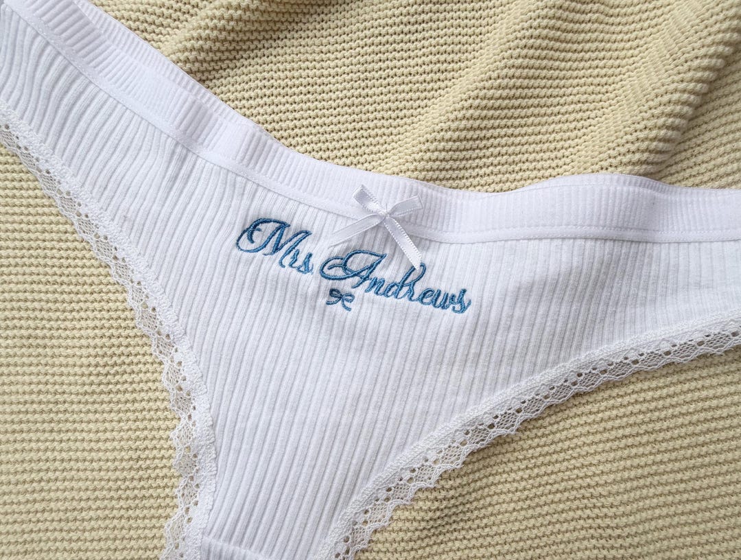 XL Custom Bridal Lace Thong, Personalized Bride Embroidered Panties, Wedding Lingerie Gift - XL/80-90KG, Black