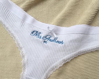 Custom Bridal Lace Thong, Personalized Bride Embroidered Panties, Wedding Lingerie Gift