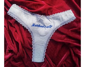 Personalized Cotton Thong – Custom Embroidered Name, Bridal Lingerie, Wedding Gift