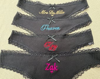 Personalized Bridal Thong, Custom Embroidered Cotton Underwear, Wedding Gift, Bride Gift