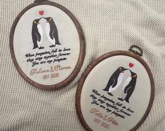 Penguin Couple Embroidery Hoop Art, Handmade Wall Decor, Personalized Love Gift, Romantic Home Decoration