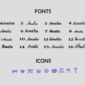 May include: A chart displaying sixteen distinct black font styles for the name Amelia, numbered one through sixteen. Below the fonts, a row of nine purple icons is shown, including a bone, heart, bow, crown, paw print, lips, cherries, glasses, and a fork.