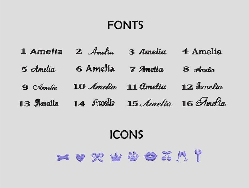 May include: A chart displaying sixteen distinct black font styles for the name Amelia, numbered one through sixteen. Below the fonts, a row of nine purple icons is shown, including a bone, heart, bow, crown, paw print, lips, cherries, glasses, and a fork.