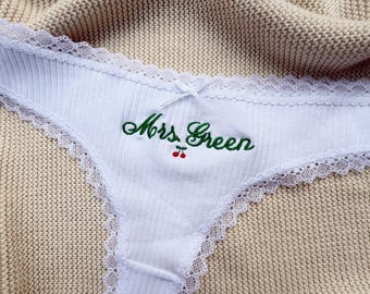 Personalized Cherry Thong, Custom Embroidered Panties, Cute Bridal Lingerie Gift for Her