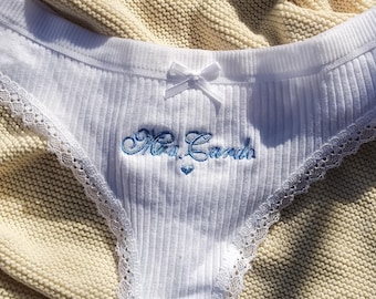 Personalized Cotton Thong – Custom Embroidered Name, Bridal Lingerie, Wedding Gift