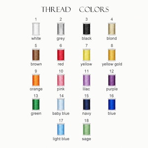 May include: A color chart titled THREAD COLORS displaying 18 numbered spools of thread in various shades including white, grey, black, blond, brown, red, yellow, yellow gold, orange, pink, lilac, purple, green, baby blue, navy, blue, light blue, and sage.