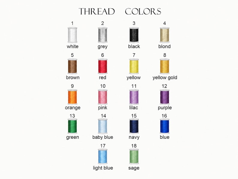 May include: A color chart titled THREAD COLORS displaying 18 numbered spools of thread in various shades including white, grey, black, blond, brown, red, yellow, yellow gold, orange, pink, lilac, purple, green, baby blue, navy, blue, light blue, and sage.