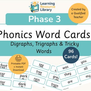 May include: Educational phonics word cards for Phase 3, featuring digraphs, trigraphs, and tricky words. The cards include words like 'foot', 'car', and 'star'. The set contains 96 cards and is available as a printable PDF with instant download.