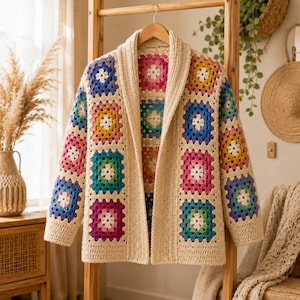 Crochet Granny Square Cardigan Pattern (PDF) Boho Patchwork Jacket