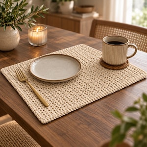 May include: A rectangular beige crocheted placemat featuring a grid-like pattern. On the placemat sits a round speckled ceramic plate, a gold-toned metal fork, and a ribbed ceramic mug filled with dark liquid resting on a small woven coaster.
