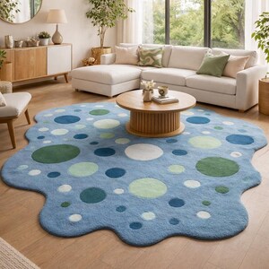 Hand Tufted Wool Rug, Blue Bubble Shaped Area Rug, Modern Abstract Tufted Carpet, Soft Wavy Nursery Rug, Scandinavian Living Room Decor