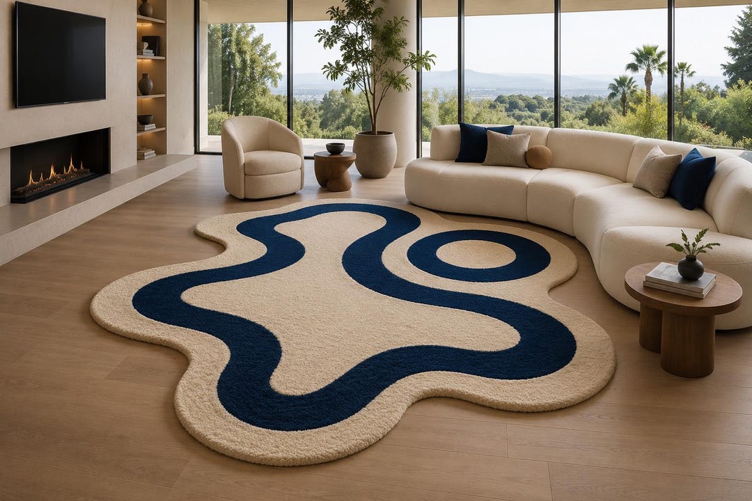 Hand Tufted Wool Rug,modern Abstract Cream & Navy Blue Area Rug ...